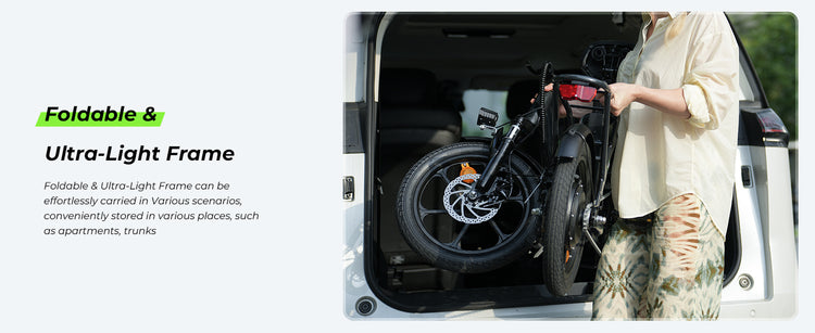 The foldable frame of the isinwheel U4 Electric Bike makes storage in tight apartments and car trunks simple.