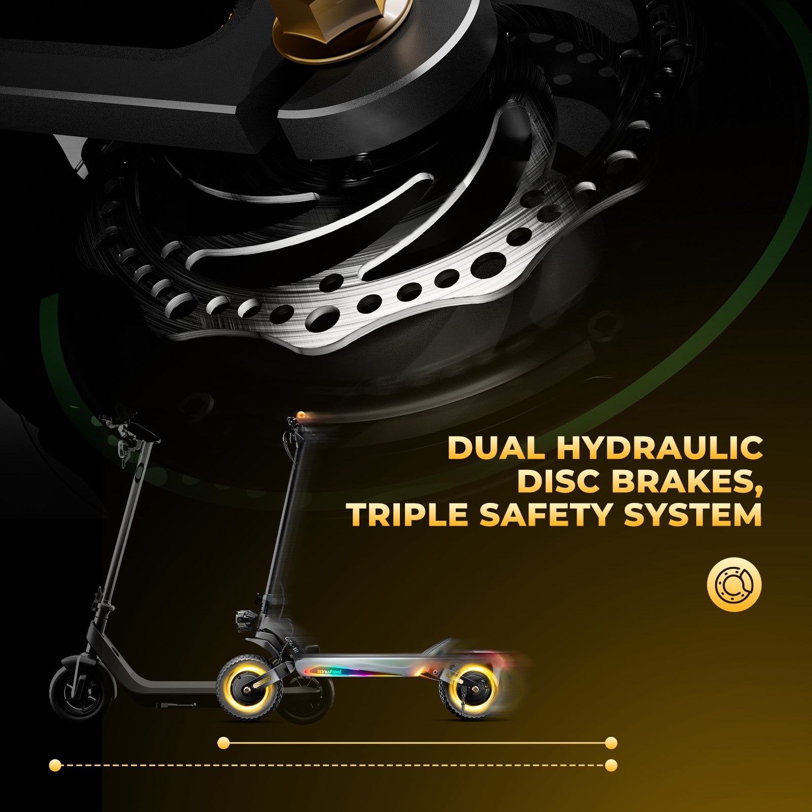 Podwójny hamulec hydrauliczny hulajnogi GT4 dla maksymalnego bezpieczeństwa.