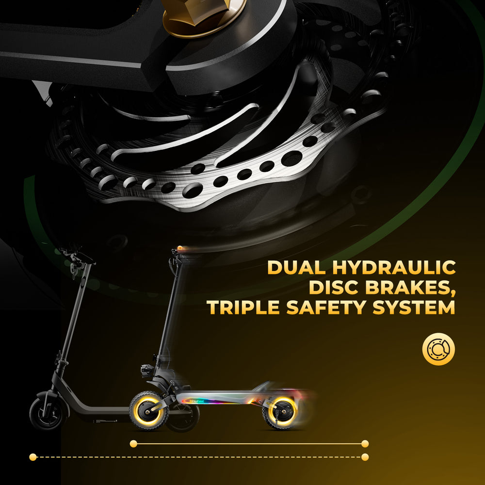 Podwójny hamulec hydrauliczny hulajnogi GT4 dla maksymalnego bezpieczeństwa.