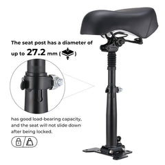 A black GT2/ix6 scooter seat with a sturdy post is shown, featuring a close-up of the adjustable clamp. The seat post has a diameter of up to 27.2 mm, ensuring a strong load-bearing capacity and a secure lock to prevent sliding.