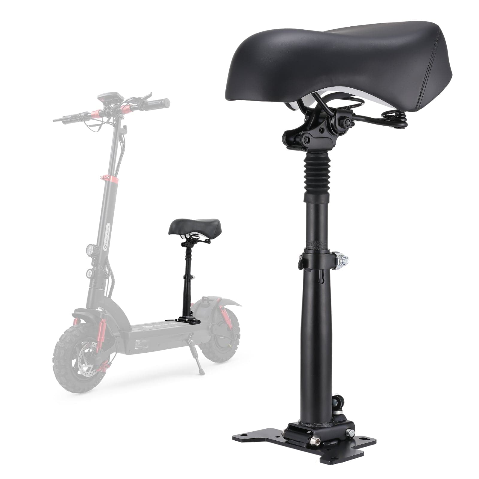 A black scooter seat with a spring suspension system is prominently displayed, featuring a sturdy mounting base. In the background, a partially transparent electric scooter is shown equipped with the same seat, highlighting its compatibility.