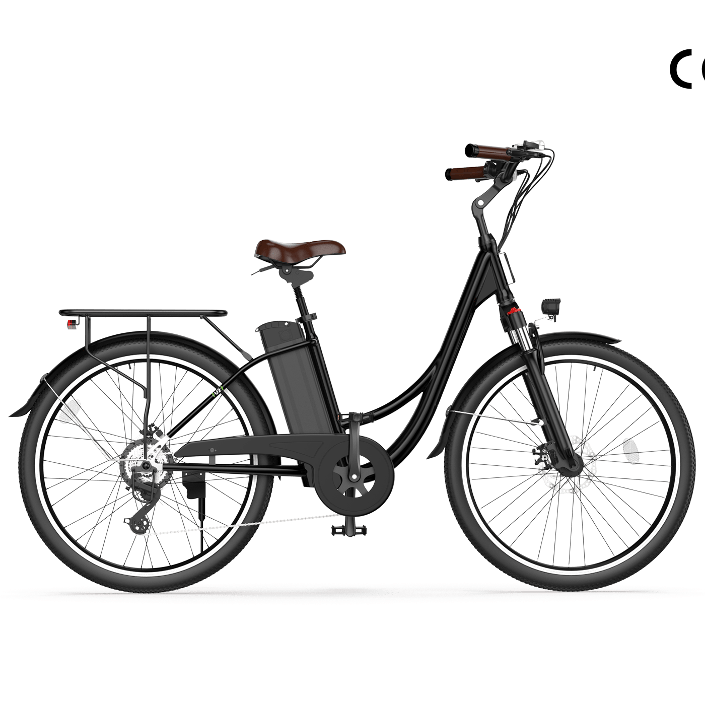 A sleek black electric bicycle with a step-through frame, featuring a brown saddle and a rear cargo rack, is displayed against a plain background.