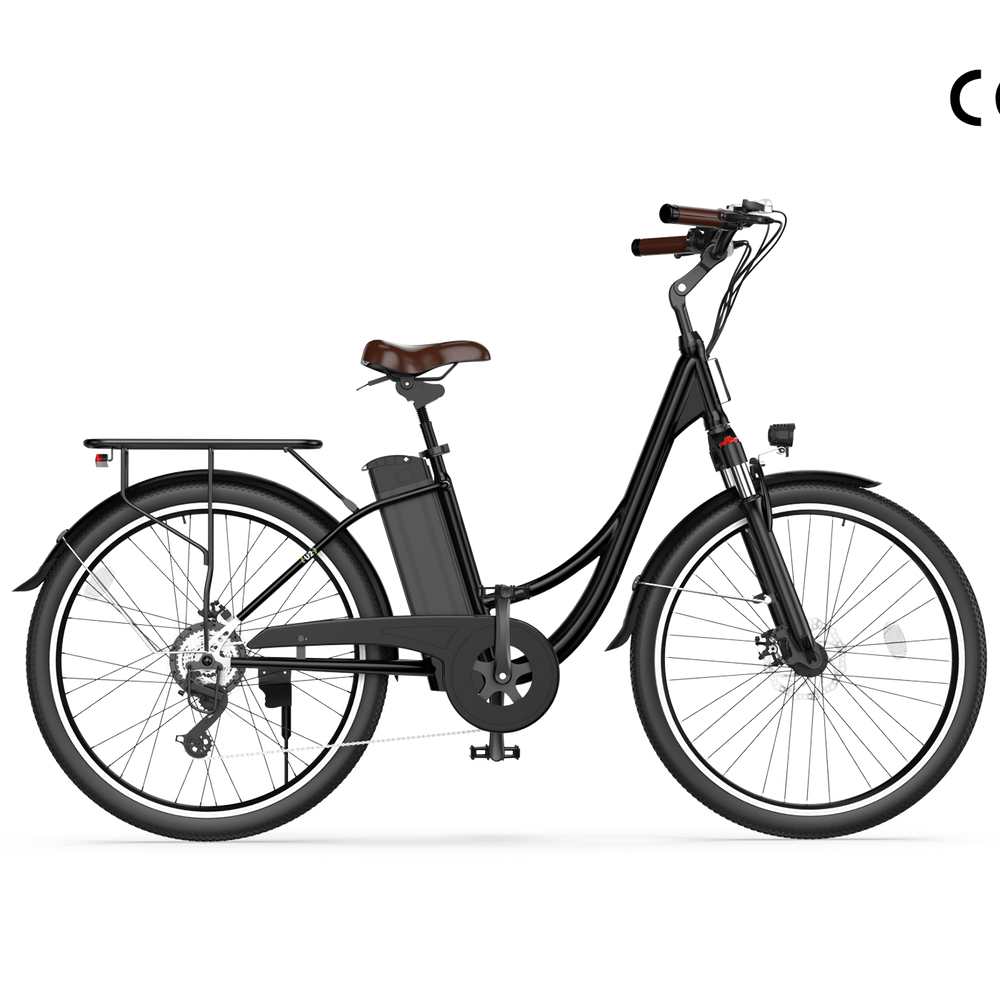 A sleek black electric bicycle with a step-through frame, featuring a brown saddle and a rear cargo rack, is displayed against a plain background.