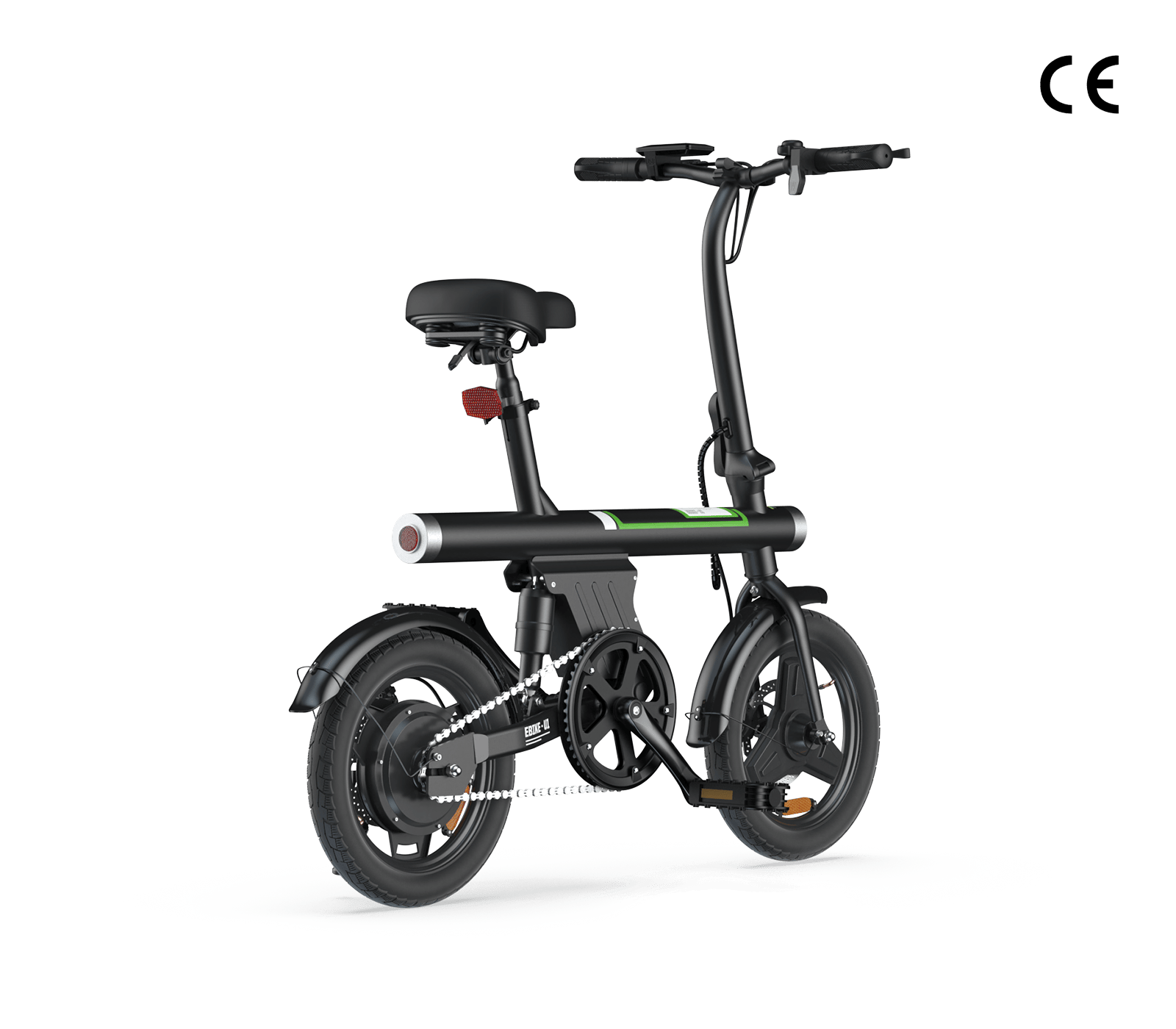 A sleek black electric bike with a compact design, featuring a sturdy frame, small wheels, and a comfortable saddle, ideal for urban commuting.