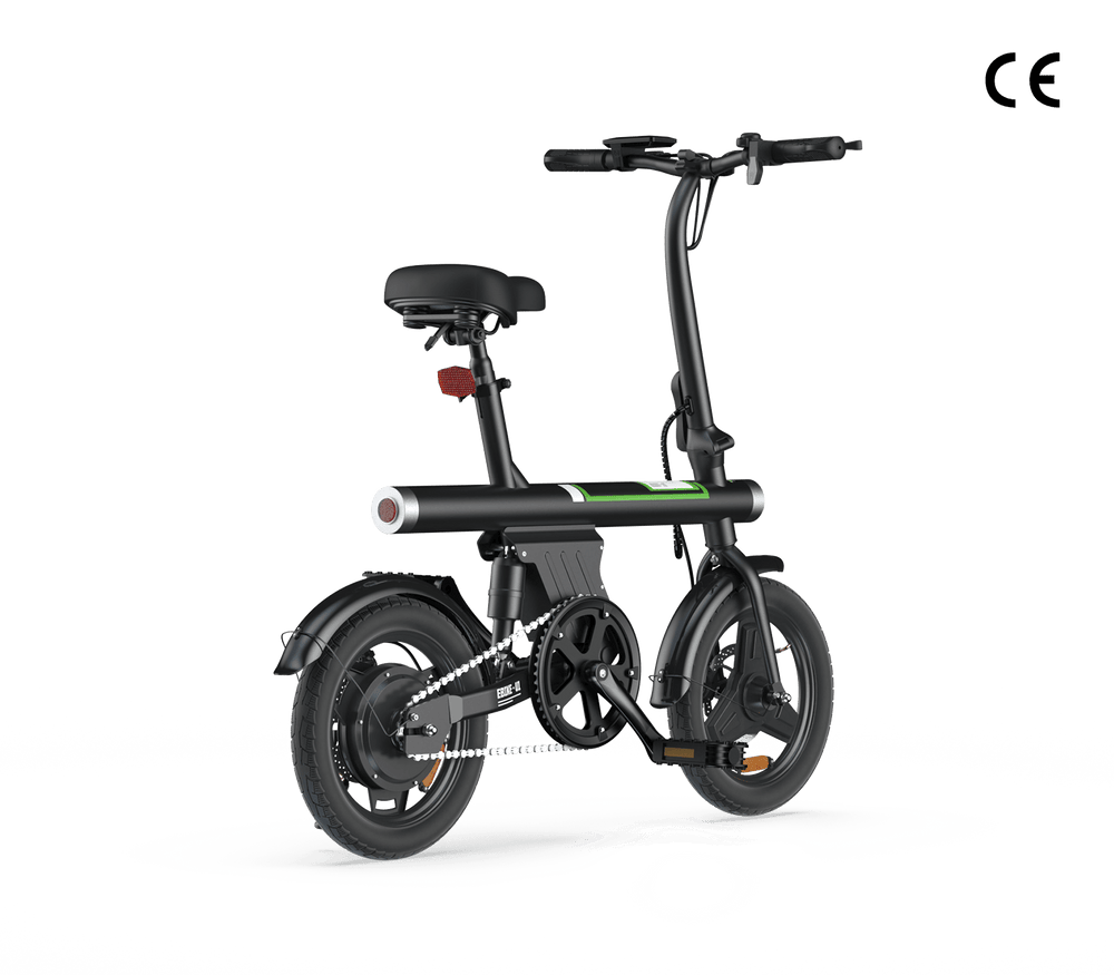 A sleek black electric bike with a compact design, featuring a sturdy frame, small wheels, and a comfortable saddle, ideal for urban commuting.