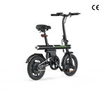 A sleek black electric bike with a compact design, featuring a sturdy frame, small wheels, and a comfortable saddle, ideal for urban commuting.