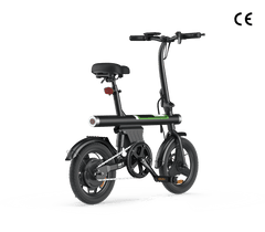 A sleek black electric bike with a compact design, featuring a sturdy frame, small wheels, and a comfortable saddle, ideal for urban commuting.
