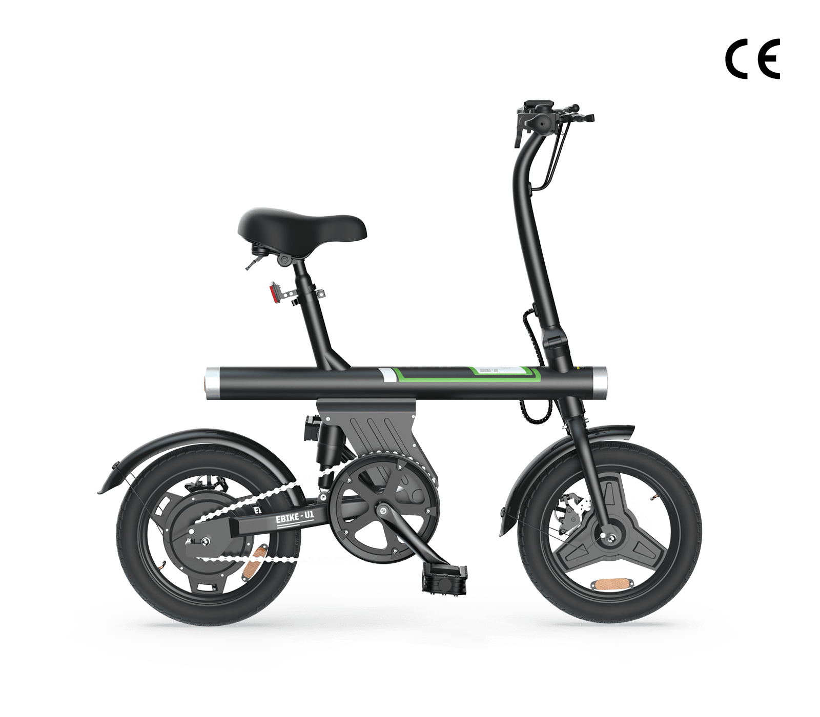 A compact black electric bike with a sleek design, featuring a comfortable saddle, small wheels, and a sturdy frame. The bike has a prominent battery compartment and is labeled "EBIKE-U1" on the chain guard.