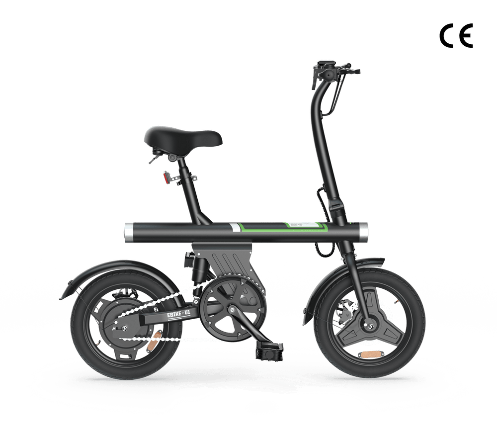 A compact black electric bike with a sleek design, featuring a comfortable saddle, small wheels, and a sturdy frame. The bike has a prominent battery compartment and is labeled "EBIKE-U1" on the chain guard.
