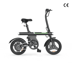A compact black electric bike with a sleek design, featuring a comfortable saddle, small wheels, and a sturdy frame. The bike has a prominent battery compartment and is labeled "EBIKE-U1" on the chain guard.