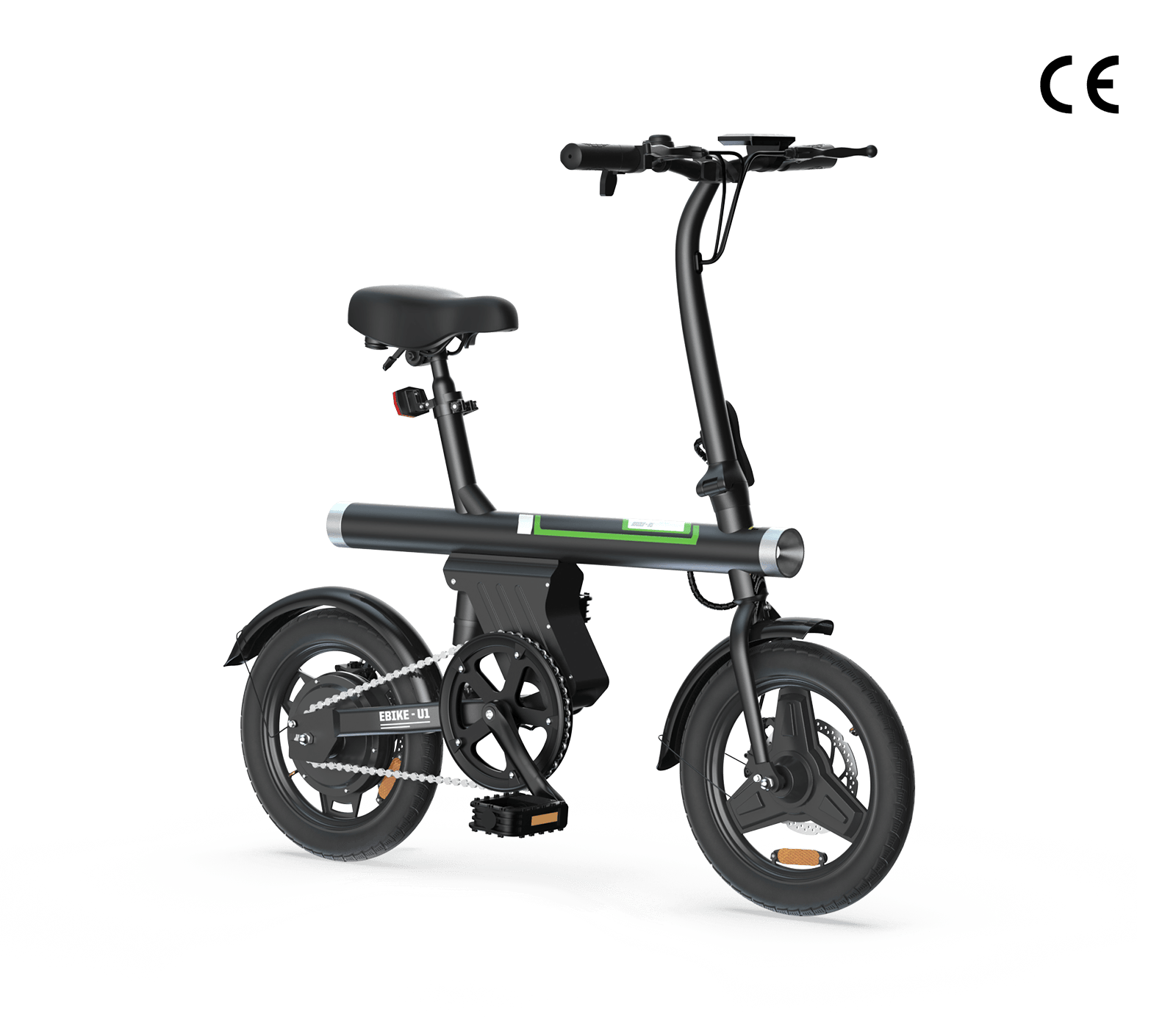 A sleek black electric bike with a compact frame, featuring small wheels and a comfortable saddle, displayed against a white background.