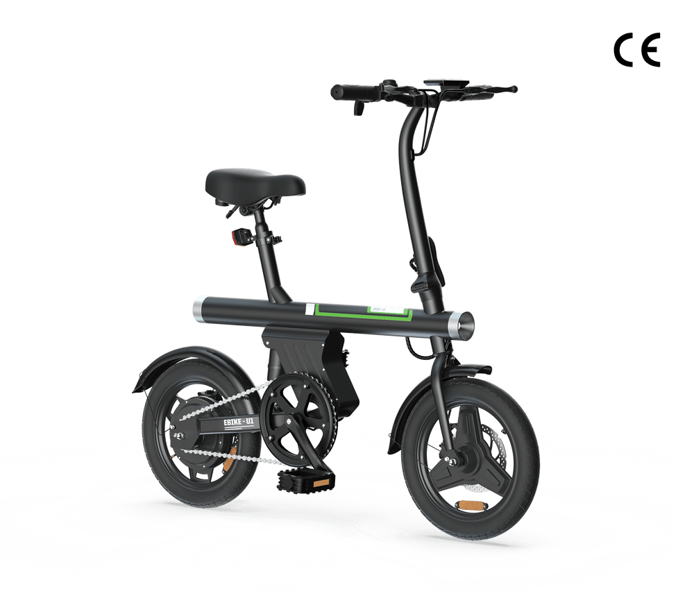 A sleek black electric bike with a compact frame, featuring small wheels and a comfortable saddle, displayed against a white background.
