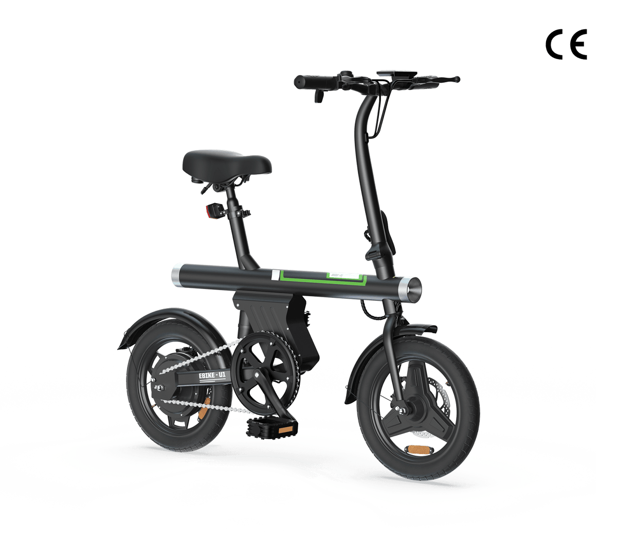 A sleek black electric bike with a compact frame, featuring small wheels and a comfortable saddle, displayed against a white background.
