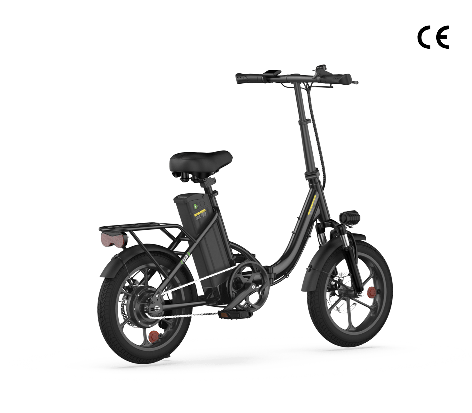 A sleek black electric bike with a compact frame, featuring a prominent battery pack mounted below the seat. The bike has a sturdy rear rack and disc brakes on both wheels, set against a plain white background.