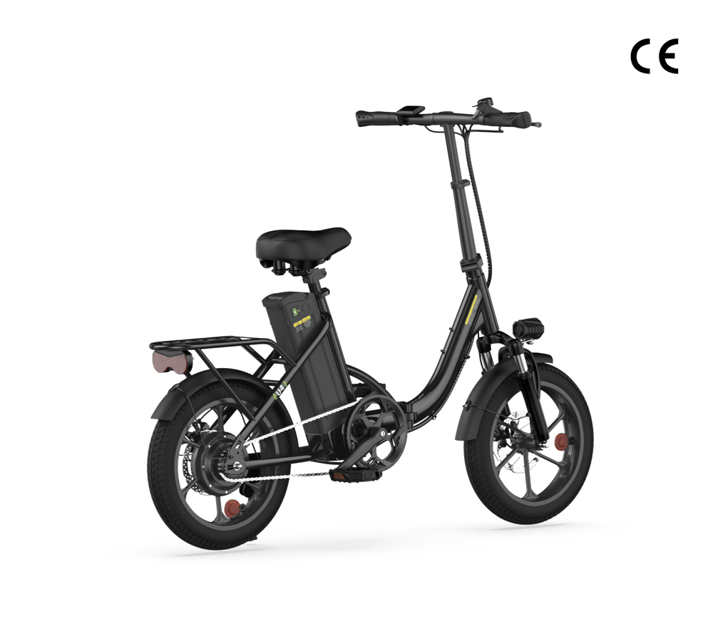 A sleek black electric bike with a compact frame, featuring a prominent battery pack mounted below the seat. The bike has a sturdy rear rack and disc brakes on both wheels, set against a plain white background.