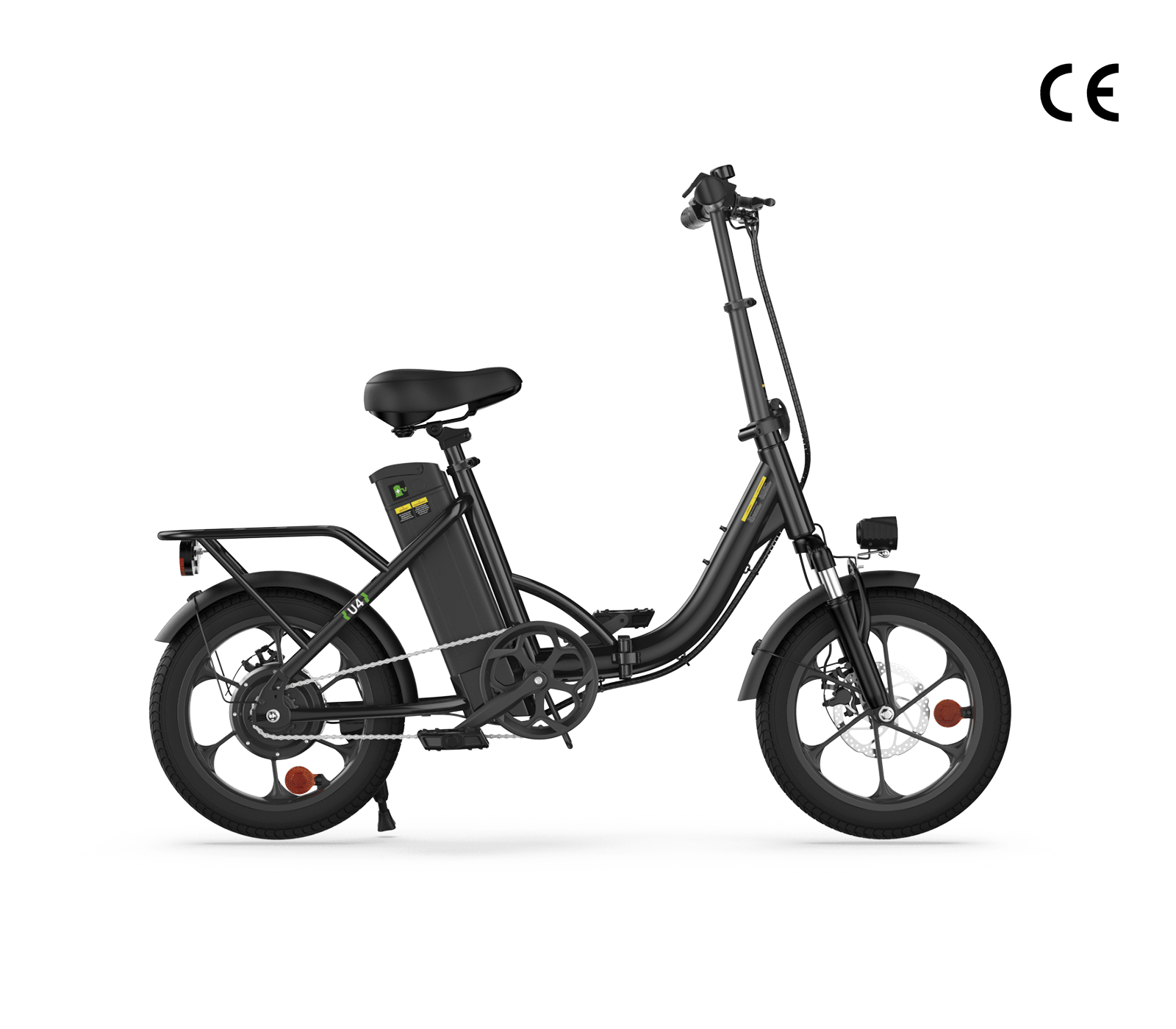 A black electric bike with a compact frame, featuring a rear rack, battery mounted behind the seat, and small wheels, displayed against a white background.