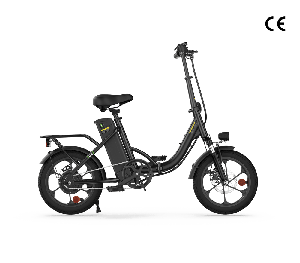 A black electric bike with a compact frame, featuring a rear rack, battery mounted behind the seat, and small wheels, displayed against a white background.
