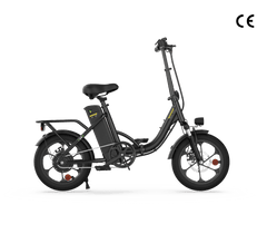 A black electric bike with a compact frame, featuring a rear rack, battery mounted behind the seat, and small wheels, displayed against a white background.