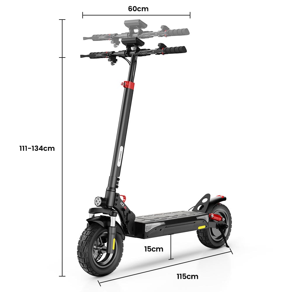 A sleek black electric scooter with adjustable handlebars is shown, measuring 111-134 cm in height, 60 cm in width, and 115 cm in length. The scooter features robust tires and a sturdy frame, with a deck height of 15 cm.