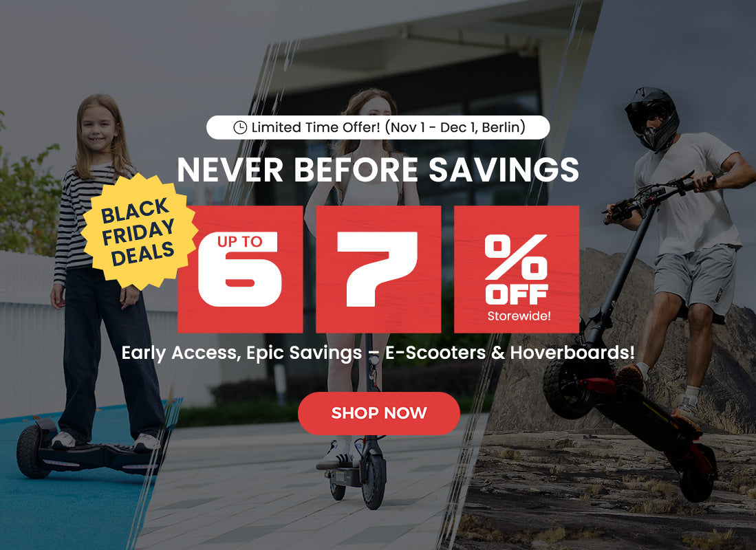 Advertisement for Black Friday deals on e-scooters and hoverboards with people using scooters.