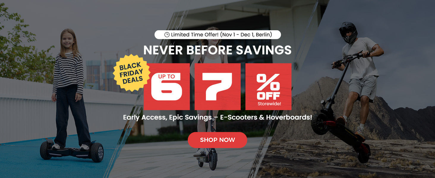 Promotional banner for e-scooters and hoverboards with text and images of people using them.