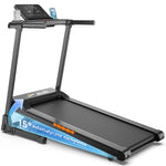 A sleek treadmill with a digital display, featuring a 15-degree automatic incline. The console holds a water bottle and a smartphone, and the treadmill is branded with "JAGJOG.".