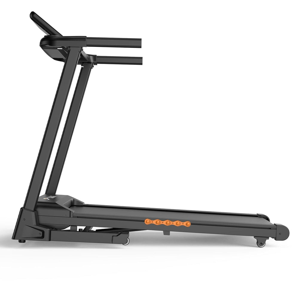 A sleek black treadmill with a streamlined design is shown in a side view. It features a sturdy frame and a set of five orange buttons along the side, resting on small wheels for easy mobility.