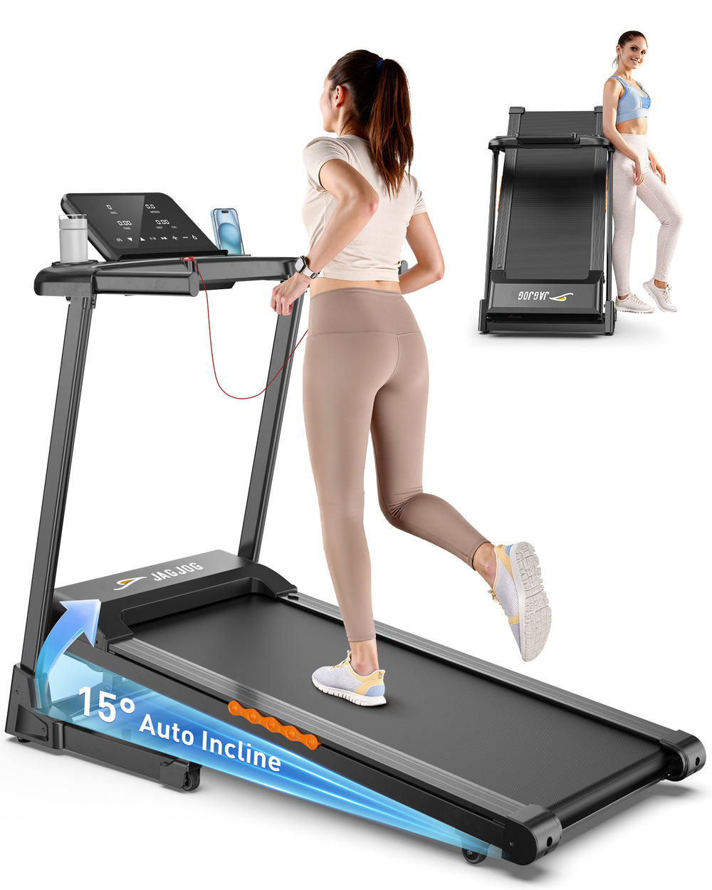 A woman runs on a black treadmill JT61 with a digital display and a water bottle holder, set at a 15° auto incline. Inset shows the treadmill folded vertically with another woman leaning against it, highlighting its compact storage feature.
