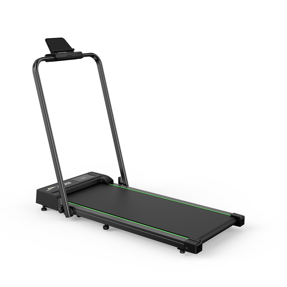 A sleek black treadmill with green accents, featuring a simple control panel and a sturdy handlebar, is set on a white background.