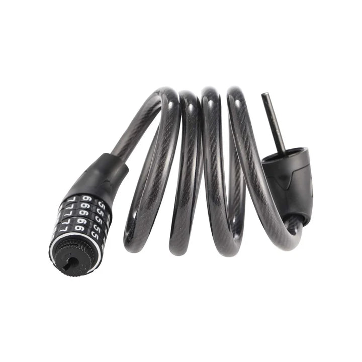 A coiled bike lock with a combination bike and scooter lock on a white background