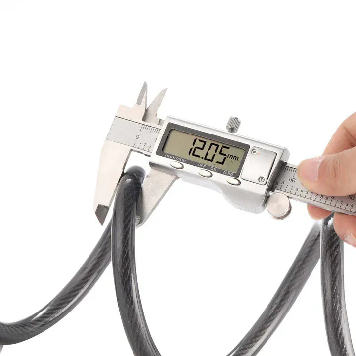 Digital caliper measuring a bike and scooter lock with a white background