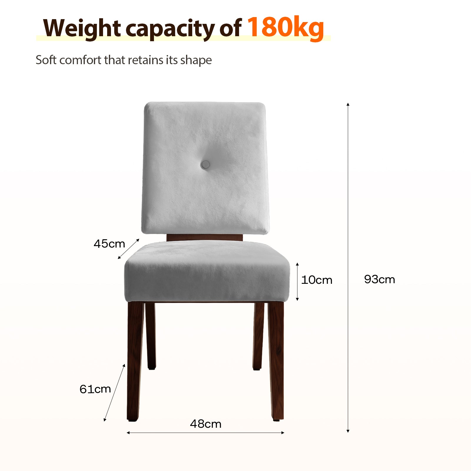 A white cushioned chair with a button-tufted backrest is shown, featuring dark wooden legs. The chair's dimensions are labeled: 93cm tall, 48cm wide, with a seat height of 61cm and a cushion thickness of 10cm. It has a weight capacity of 180kg.