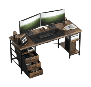 CyberCart 120/140cm Office Computer Desk – 3 Drawers & Shelves, Reversible, Brown