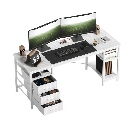 CyberCart 120/140cm Office Computer Desk – 3 Drawers & Shelves, Reversible, White