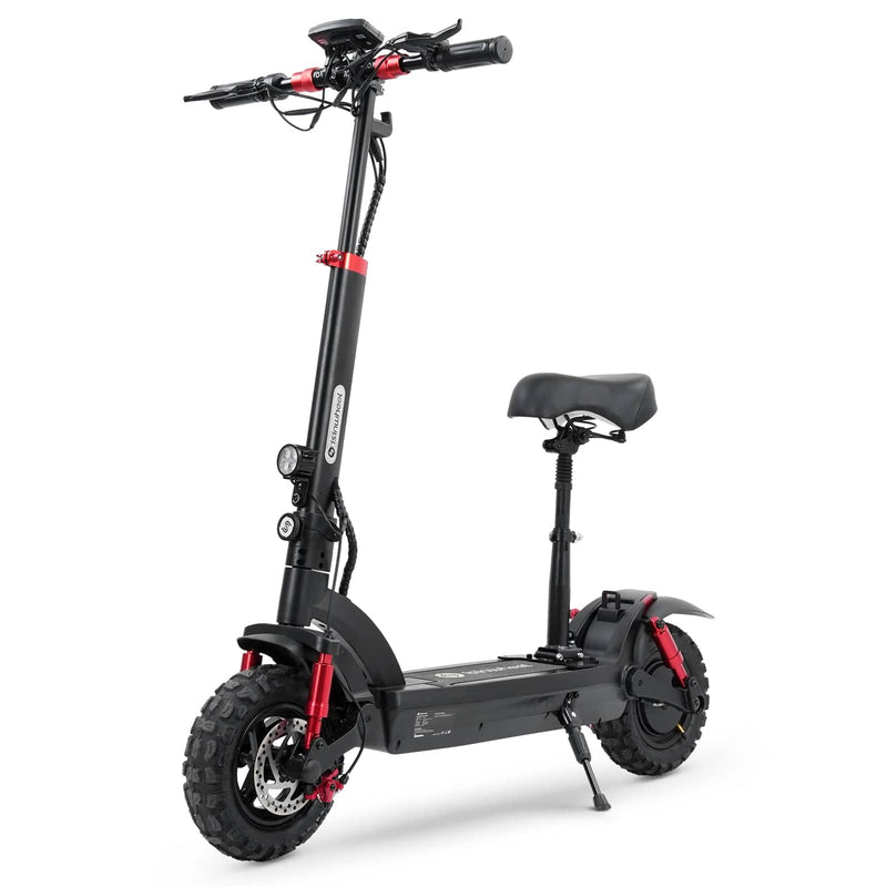A black electric scooter gt2 with a comfortable seat and rugged, knobby tires is shown, featuring red accents on the suspension and handlebars, and equipped with dual headlights.