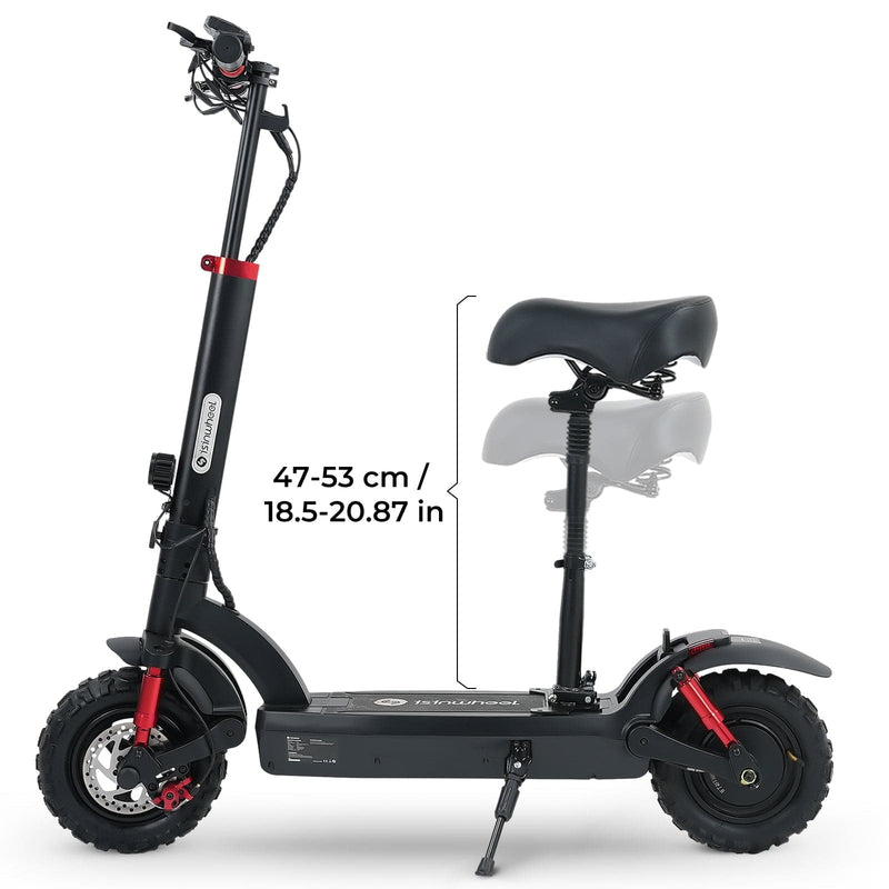 A GT2 electric scooter with a seat is shown, featuring adjustable seat height ranging from 47 to 53 cm (18.5 to 20.87 inches). The scooter has a sturdy build with thick tires and red accents on the suspension and brake components.