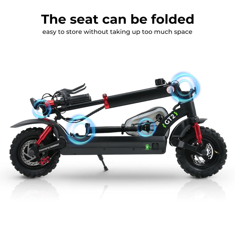 A black GT2 electric scooter is shown folded, highlighting its compact design for easy storage. The image emphasizes the foldable seat and sturdy tires, with blue circles indicating key folding points.