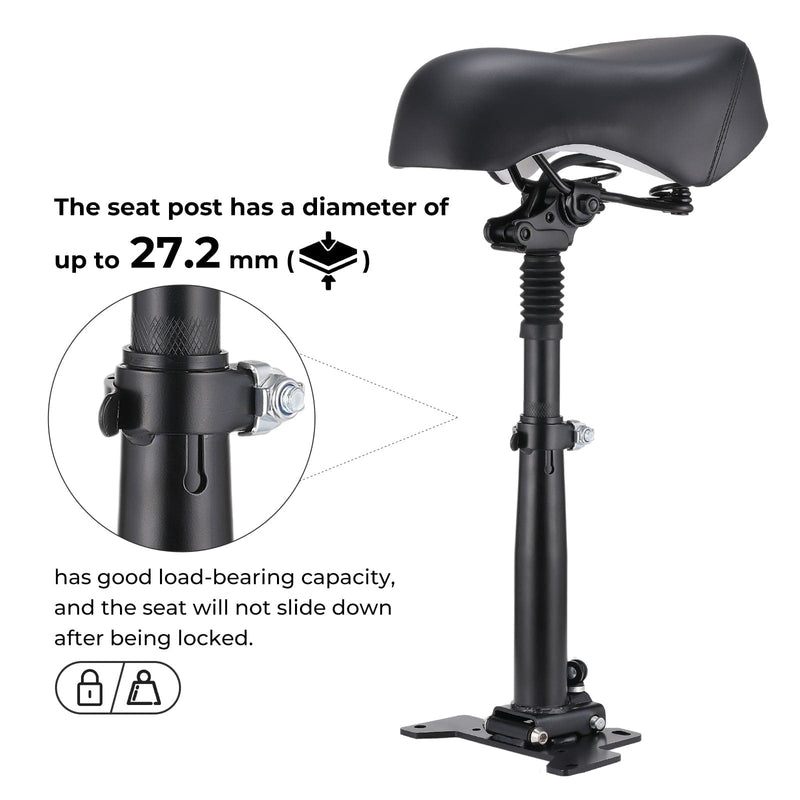 A black GT2/ix6 scooter seat with a sturdy post is shown, featuring a close-up of the adjustable clamp. The seat post has a diameter of up to 27.2 mm, ensuring a strong load-bearing capacity and a secure lock to prevent sliding.