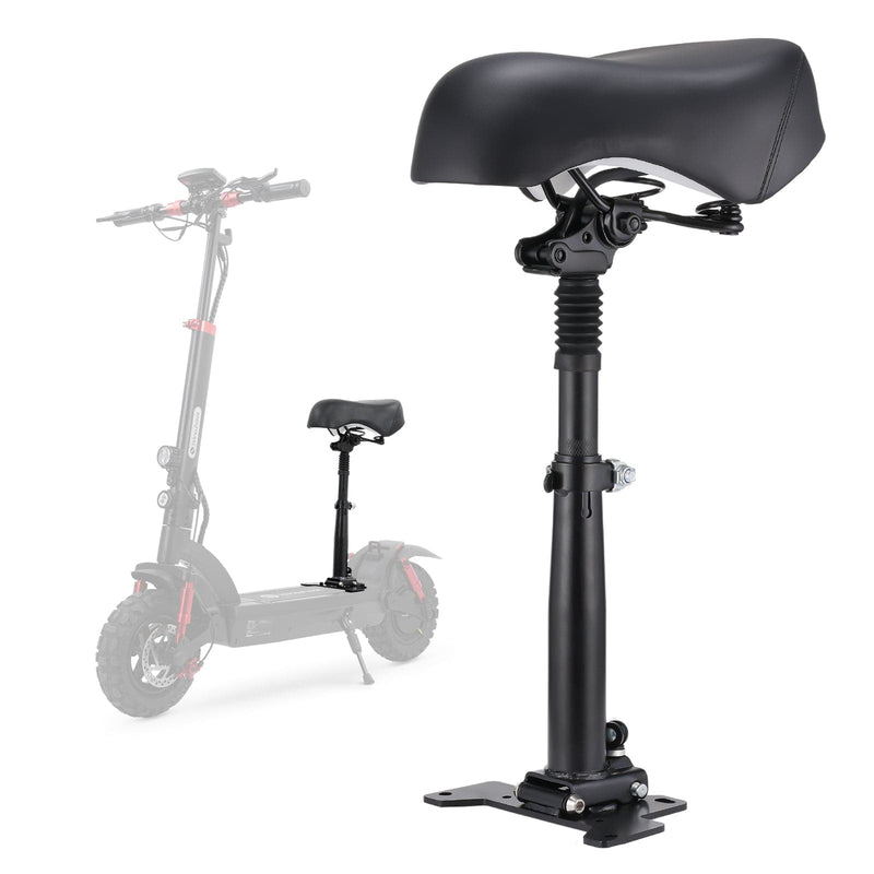 A black cushioned seat with a spring suspension is mounted on a sturdy, adjustable post, designed for an gt2 electric scooter, which is faintly visible in the background.