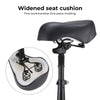 A black scooter seat with a widened cushion is shown, featuring fine workmanship and one-piece molding. An inset image highlights the underside, revealing dual springs for added comfort and support.
