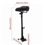 A black scooter seat with a spring suspension is mounted on an adjustable post, measuring 60 cm in height. The seat is 28 cm wide, and the base measures 14 cm by 13 cm.