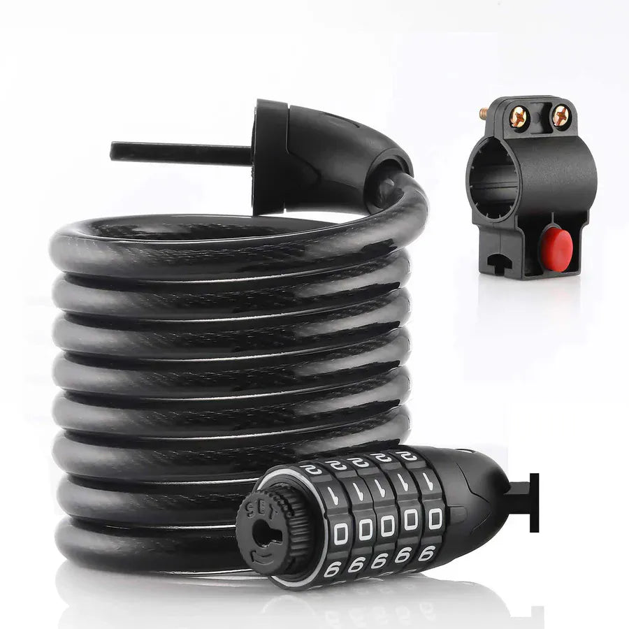 A black coiled combination bike lock with a four-digit dial is shown alongside a black mounting bracket with a red button, set against a plain white background.
