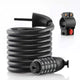 A black coiled combination bike lock with a four-digit dial is shown alongside a black mounting bracket with a red button, set against a plain white background.