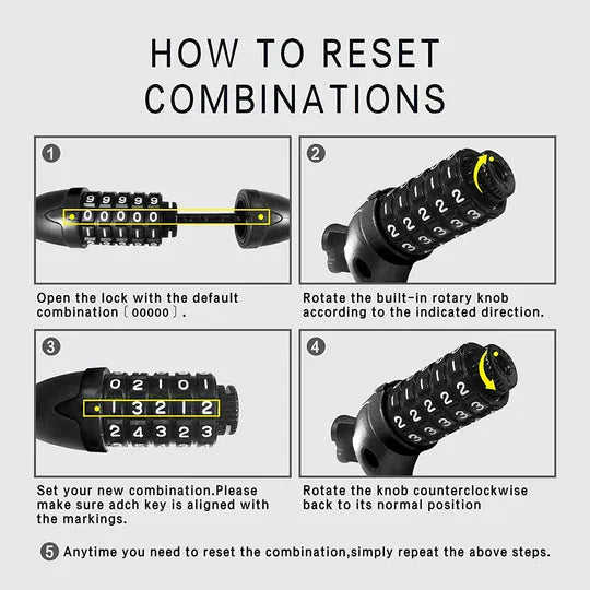 Instructions for resetting a combination lock are shown in four steps: 1) Open the lock using the default combination "00000". 2) Rotate the built-in rotary knob as indicated. 3) Set a new combination, ensuring each digit is aligned with the markings. 4) Rotate the knob counterclockwise back to its normal position. A note advises repeating these steps to reset the combination anytime.
