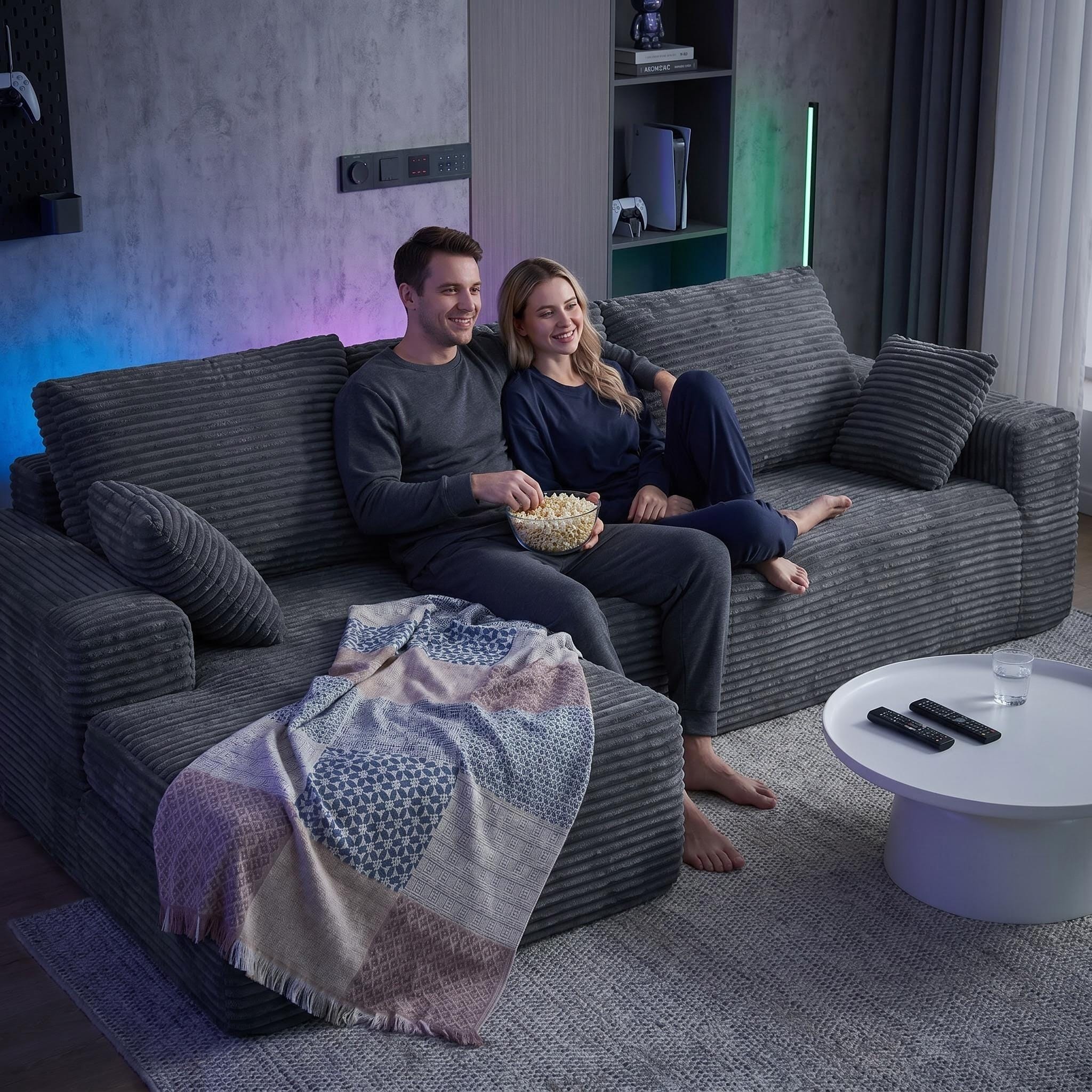 CyberCart Ares Minimalist 2-Seater Sofa Corduroy L-Shaped Gaming & Home Theater Sofa | No-Assembly 4-Seater Sectional with Chaise Longue | 263cm Deep Seat for Immersive Marathon Sessions | Grey