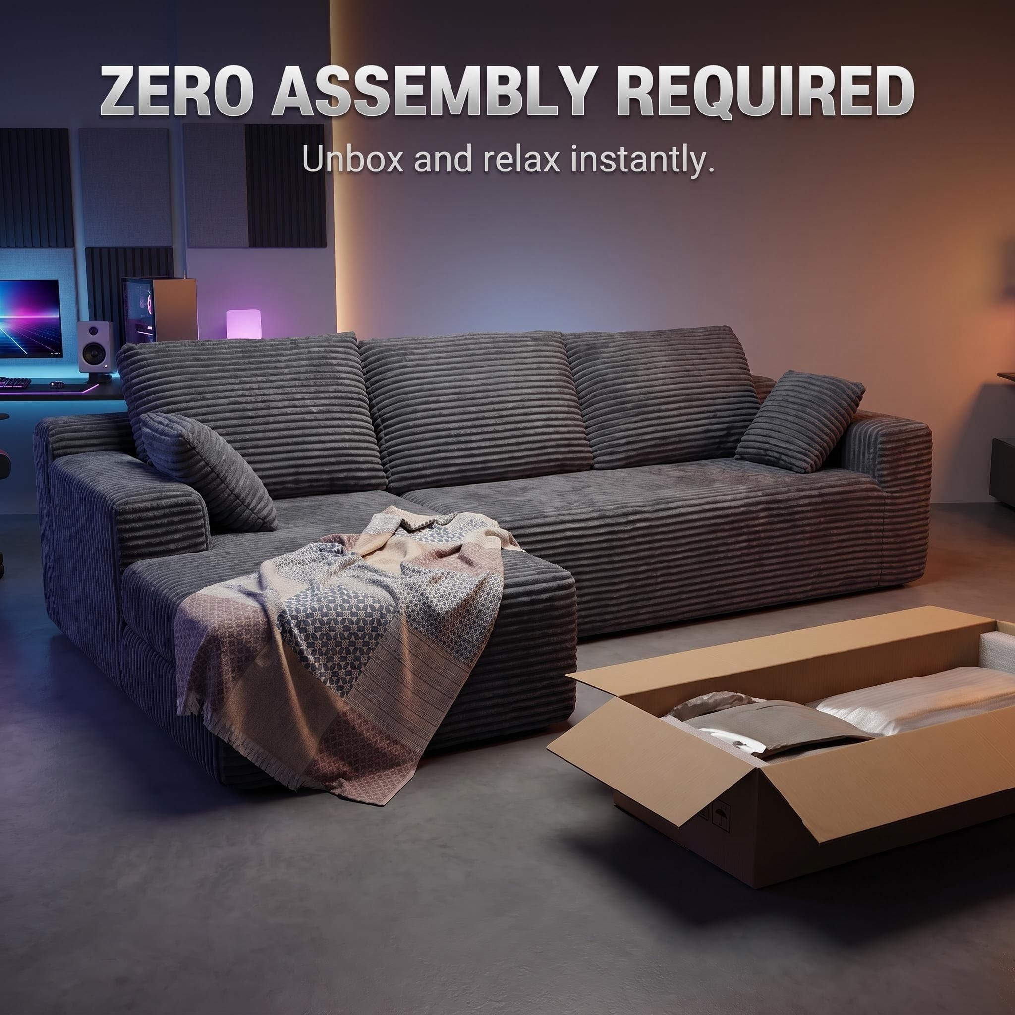 CyberCart Ares Minimalist 2-Seater Sofa Corduroy L-Shaped Gaming & Home Theater Sofa | No-Assembly 4-Seater Sectional with Chaise Longue | 263cm Deep Seat for Immersive Marathon Sessions | Grey