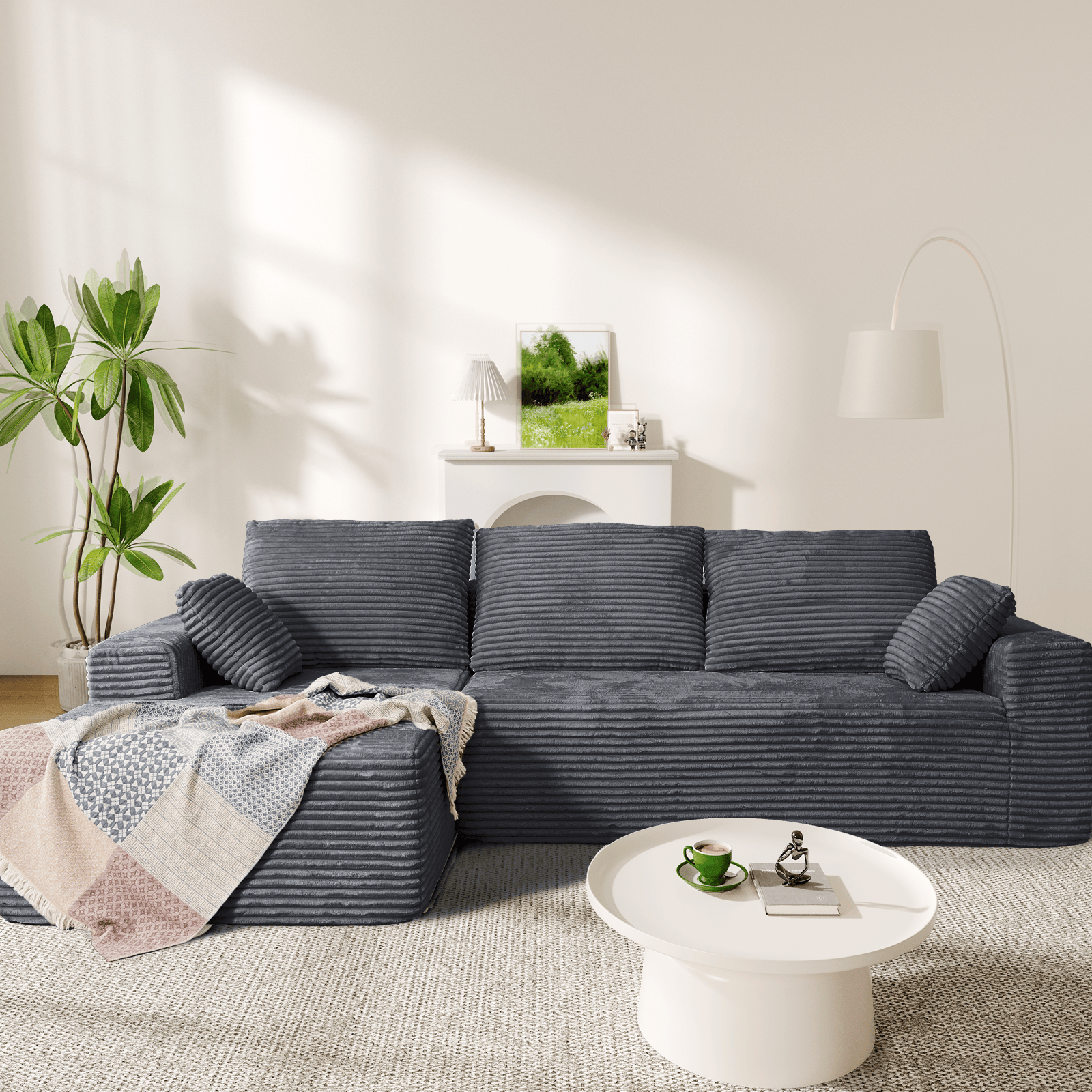 CyberCart Ares Minimalist 2-Seater Sofa Corduroy L-Shaped Gaming & Home Theater Sofa | No-Assembly 4-Seater Sectional with Chaise Longue | 263cm Deep Seat for Immersive Marathon Sessions | Grey
