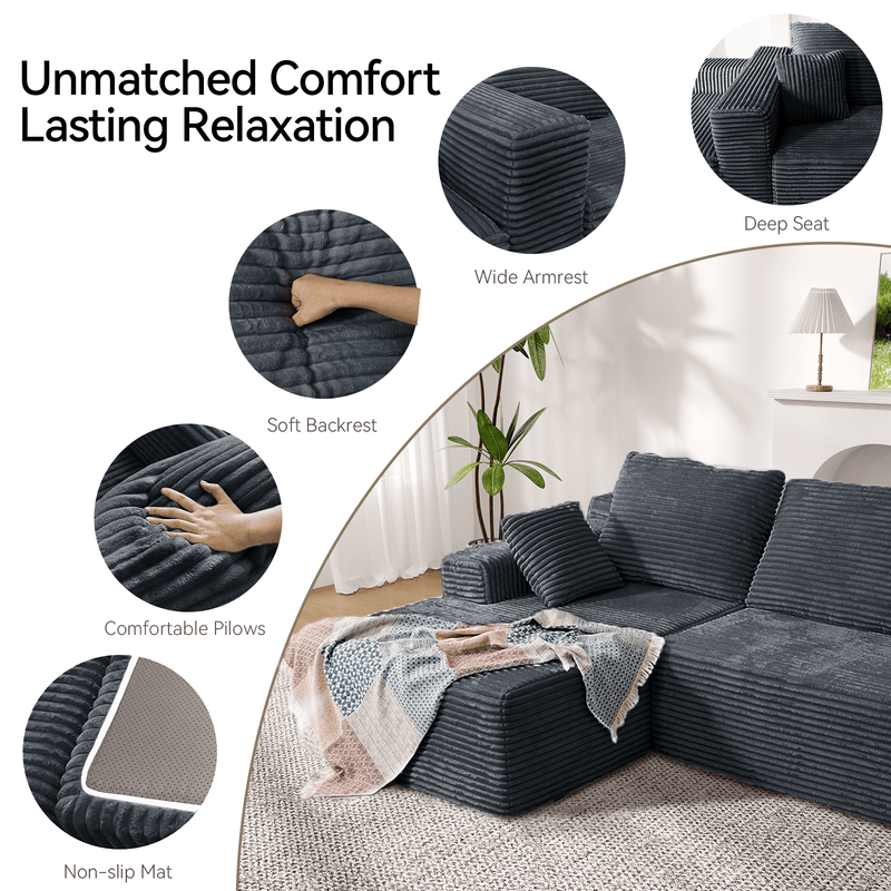 CyberCart Ares Minimalist 2-Seater Sofa Corduroy L-Shaped Gaming & Home Theater Sofa | No-Assembly 4-Seater Sectional with Chaise Longue | 263cm Deep Seat for Immersive Marathon Sessions | Grey