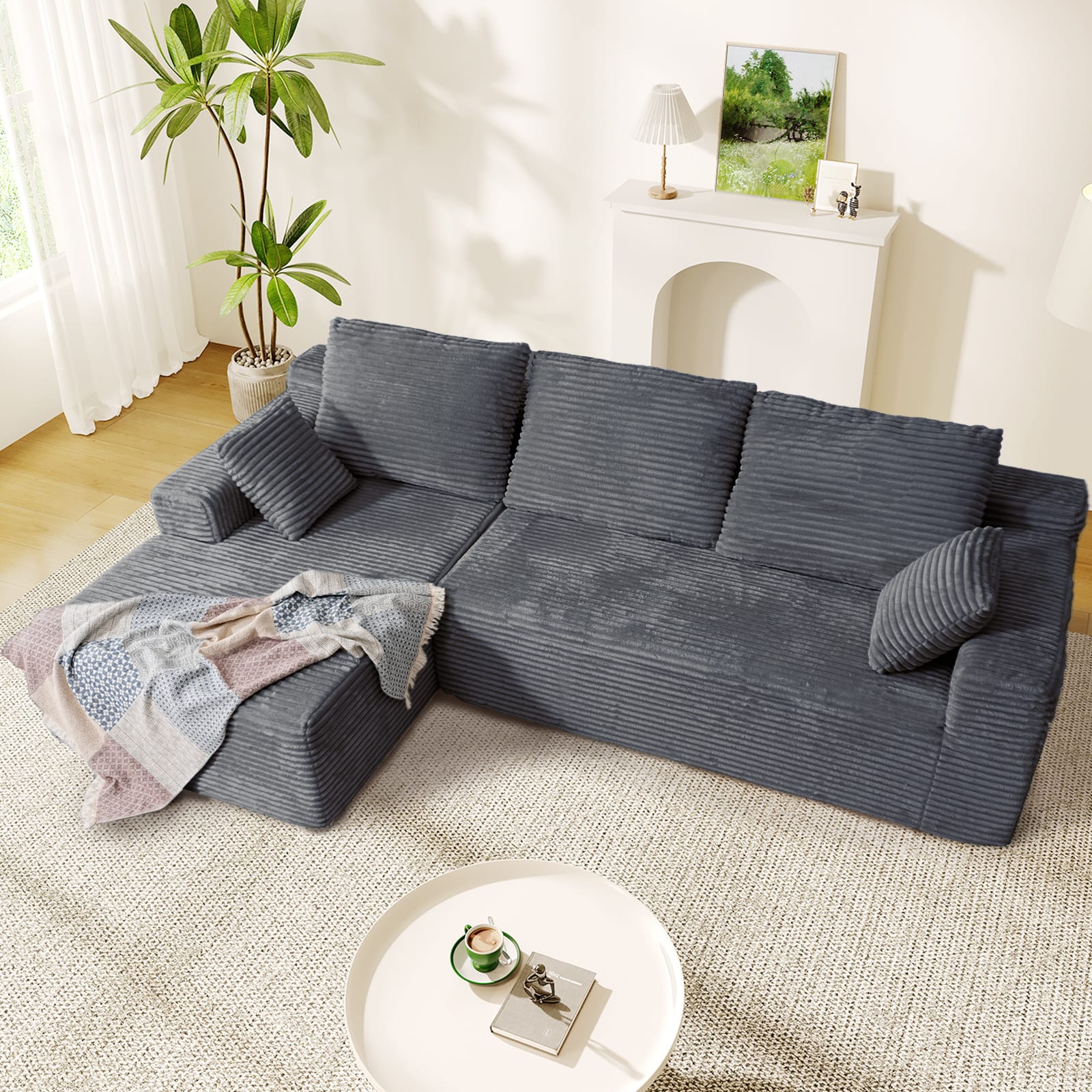 CyberCart Ares Minimalist 2-Seater Sofa Corduroy L-Shaped Gaming & Home Theater Sofa | No-Assembly 4-Seater Sectional with Chaise Longue | 263cm Deep Seat for Immersive Marathon Sessions | Grey