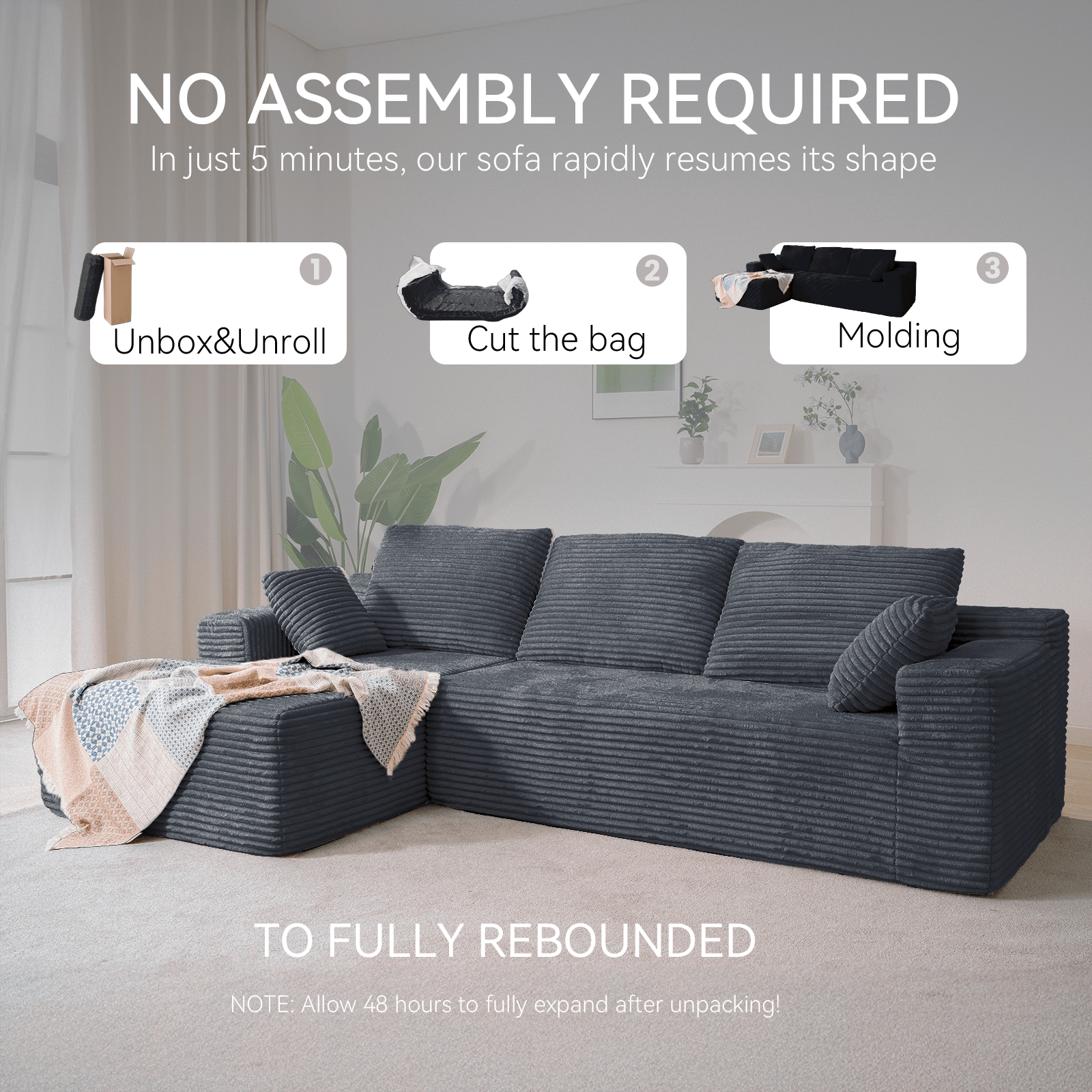 CyberCart Ares Minimalist 2-Seater Sofa Corduroy L-Shaped Gaming & Home Theater Sofa | No-Assembly 4-Seater Sectional with Chaise Longue | 263cm Deep Seat for Immersive Marathon Sessions | Grey